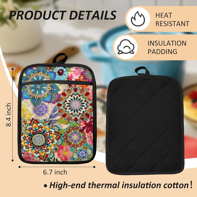 HUGANE Boho Floral Oven Mitts Set, Vintage Luxury Colorful Flower Floral Heat Resistant Kitchen Oven Gloves for Baking and Cooking,Pot Holders - Image 2